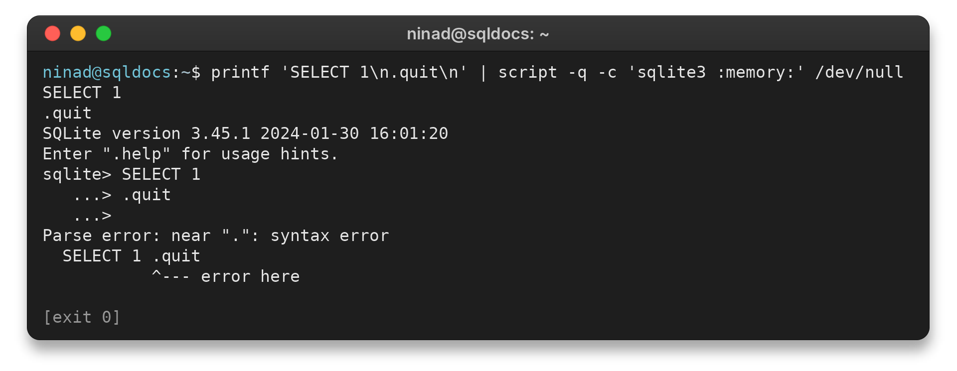 SQLite continuation prompt treating .quit as incomplete SQL