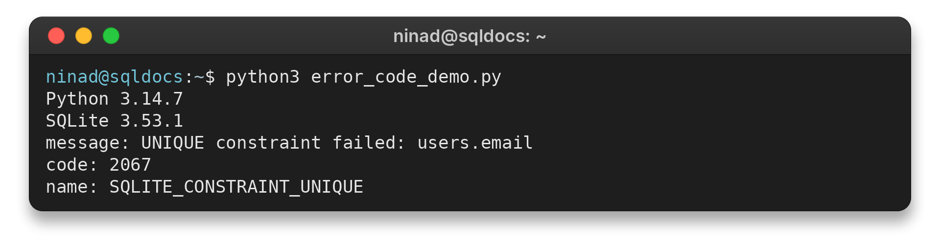 SQLite UNIQUE constraint error code 2067 in a terminal