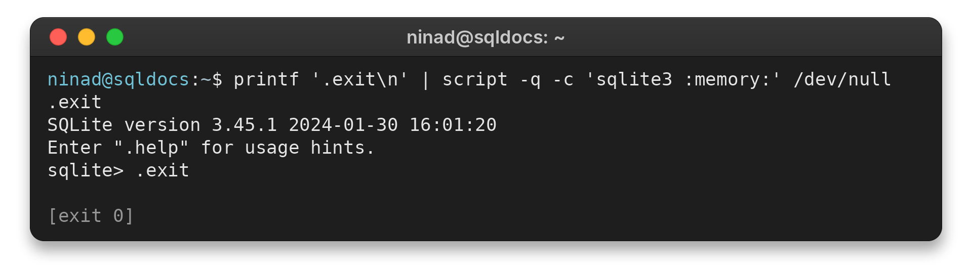 SQLite command-line shell showing the .exit command