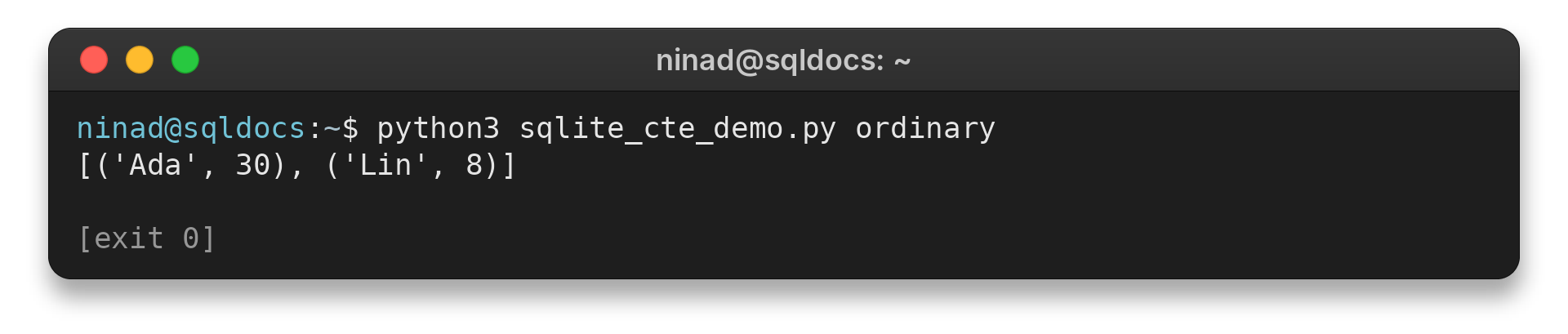 Terminal output for a SQLite CTE that groups order totals by customer