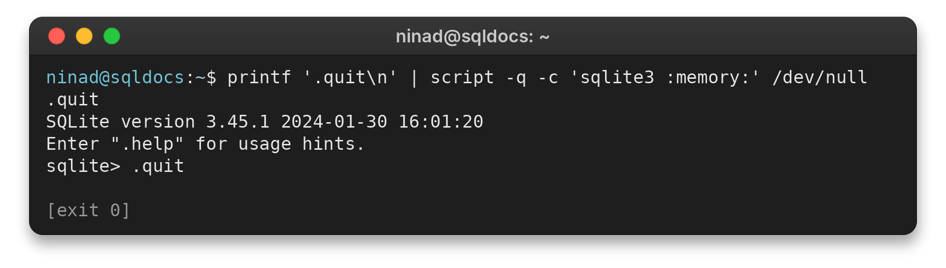 SQLite command-line shell showing the .quit command