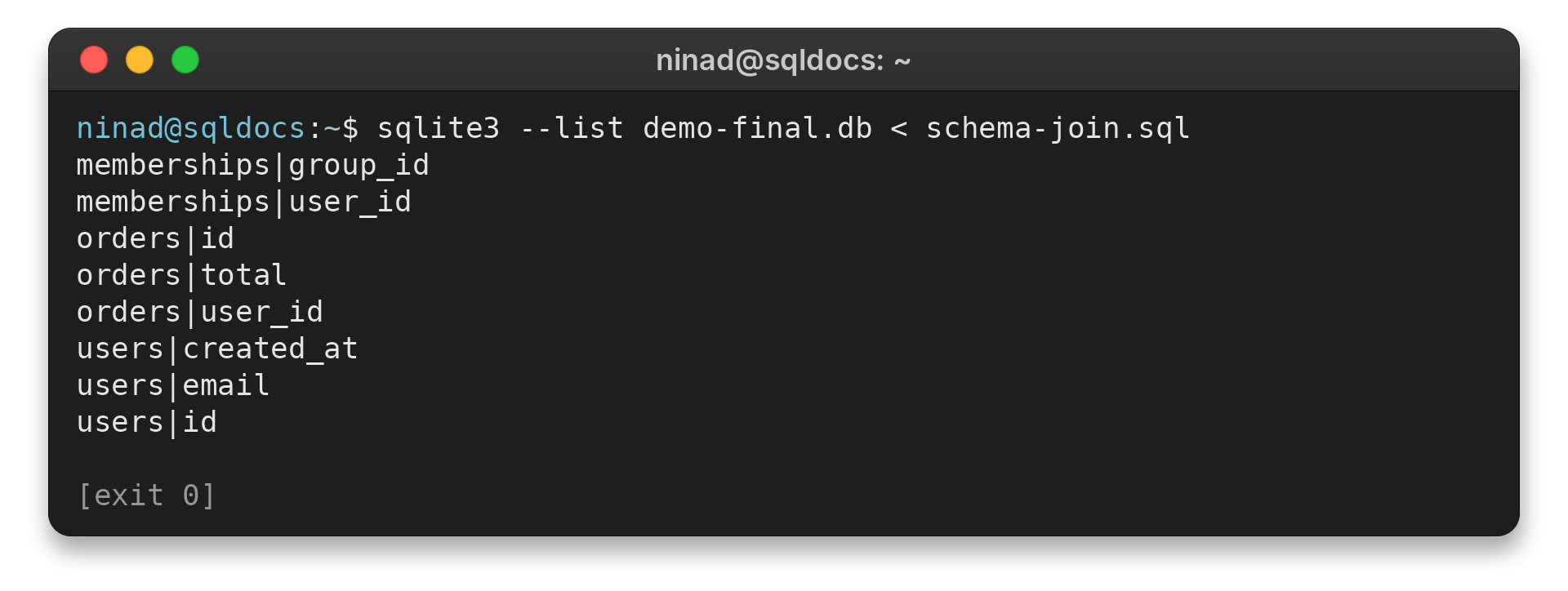 SQLite PRAGMA table_info: Read Table Columns 3 SQLite query output listing table and column names from sqlite_schema