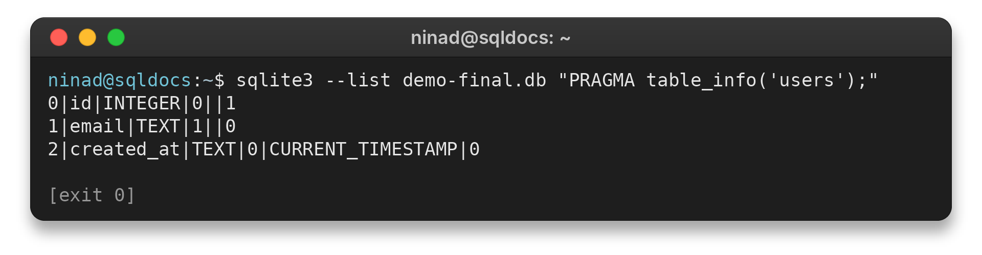 SQLite PRAGMA table_info: Read Table Columns 1 SQLite PRAGMA table_info output for the users table, with id, email and created_at metadata