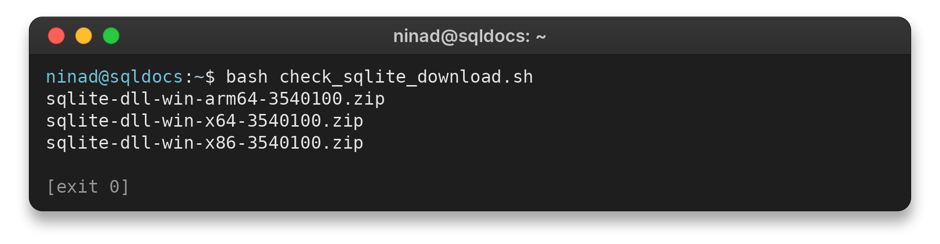 Terminal output listing SQLite Windows DLL packages for ARM64, x64 and x86