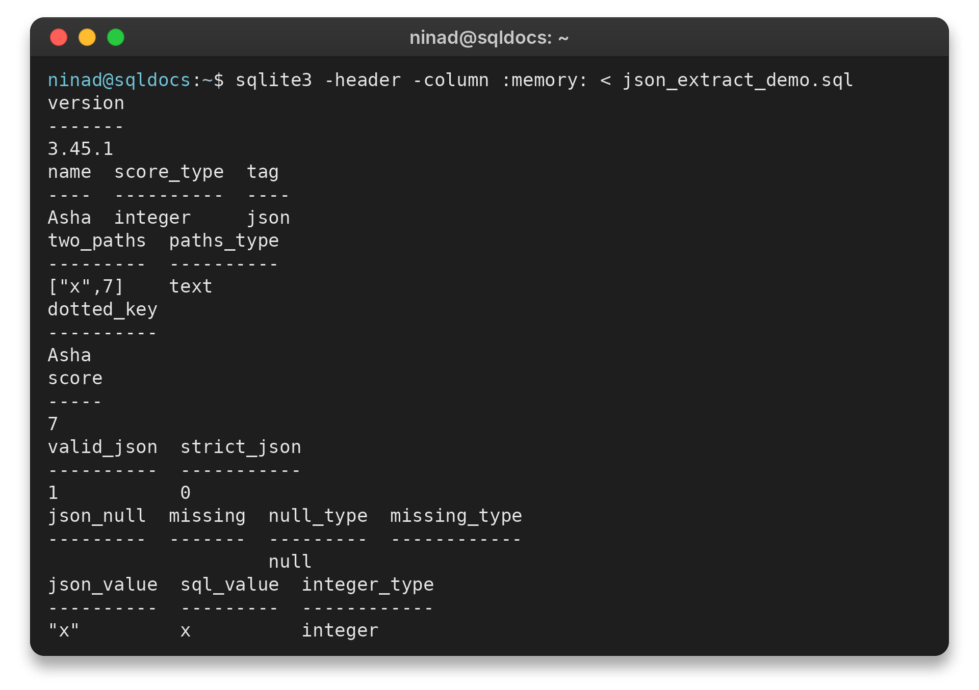 SQLite json_extract queries and their output in a terminal