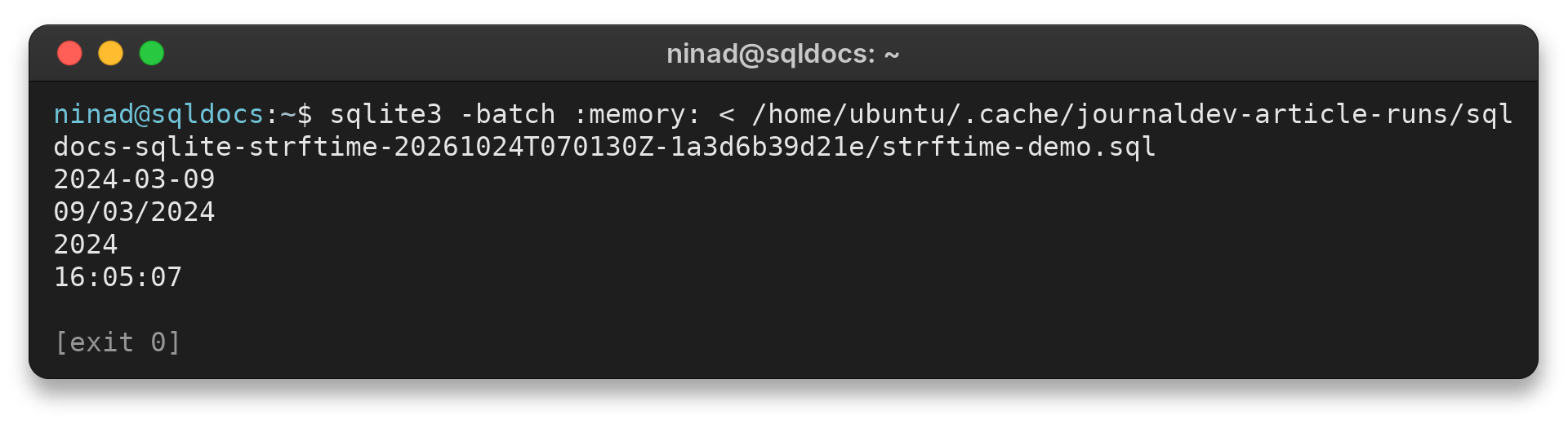 SQLite strftime queries with formatted date, year, and time output