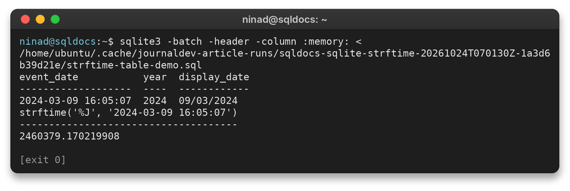 SQLite strftime formatting a table value and returning a Julian day string