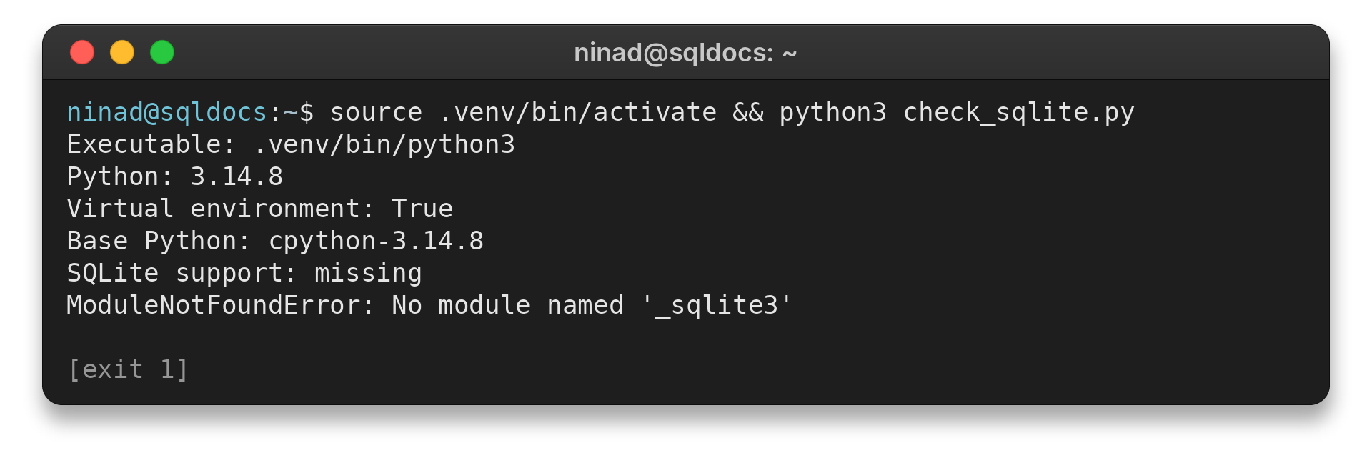 No Module Named '_sqlite3' 1 Python output showing a missing _sqlite3 module in the active environment