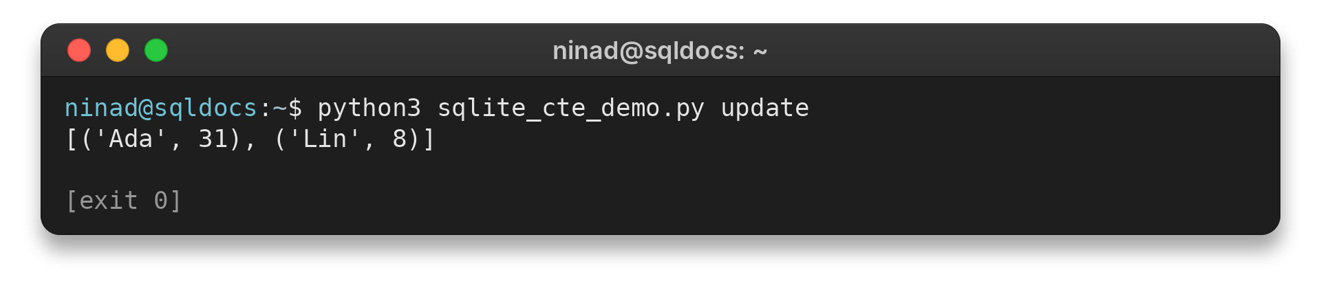 Terminal output showing a SQLite UPDATE CTE changing Ada’s total to 31